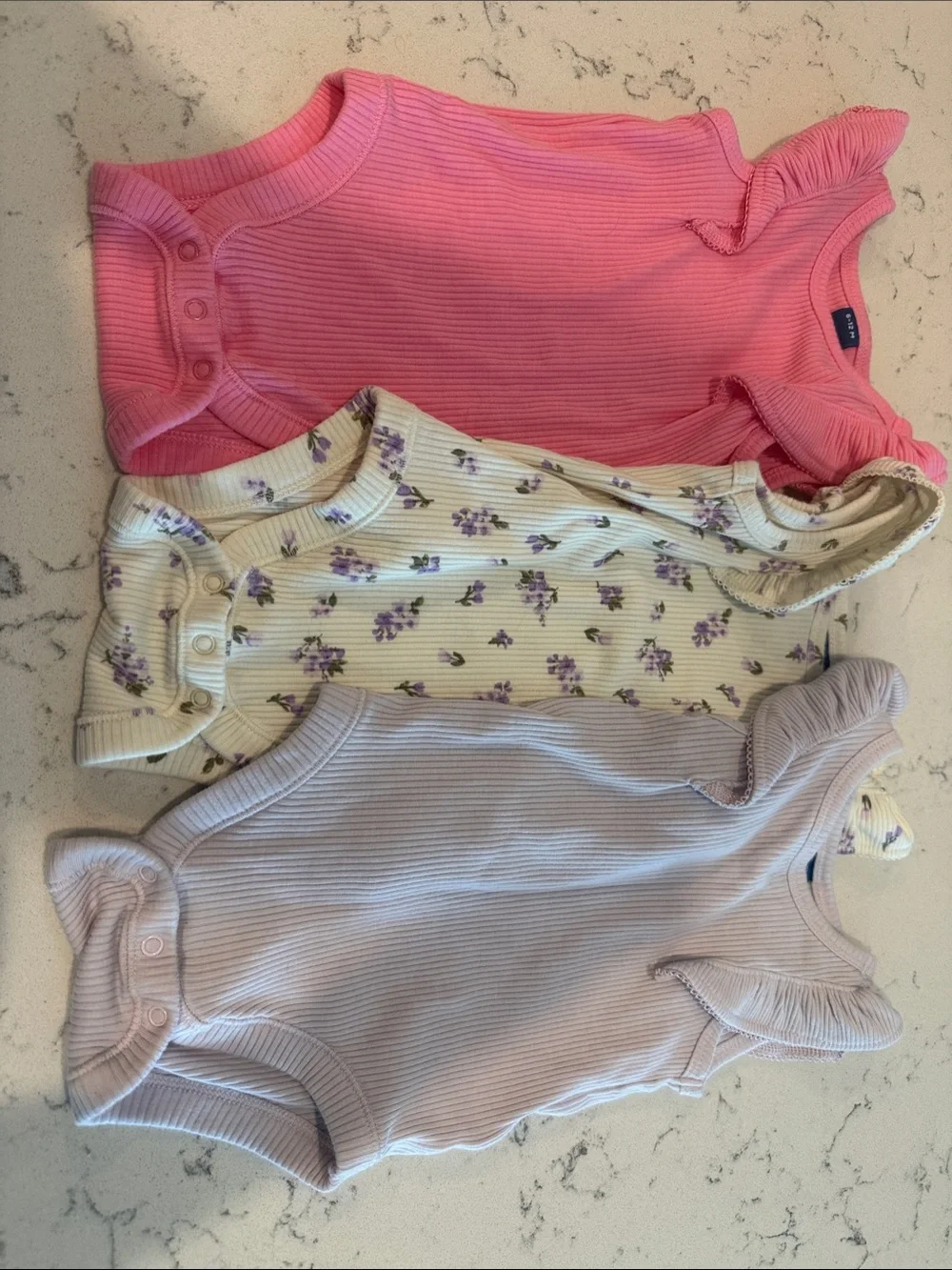 Old Navy 3-Pack Ribbed Onesies - Pink, Cream Floral, Light Purple 6-12M